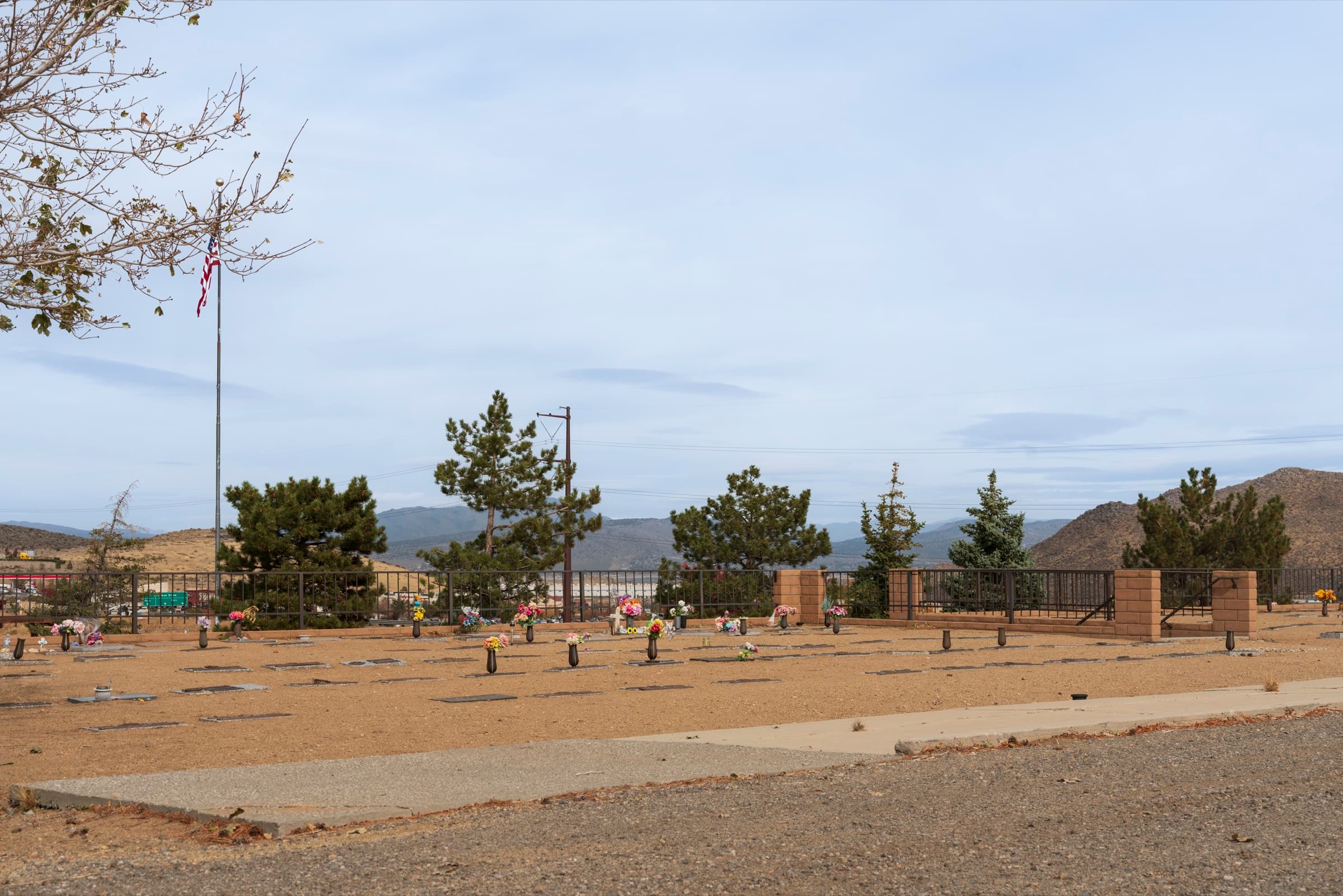 The grounds of Sierra Memorial Gardens beneath the Northern Nevada mountains